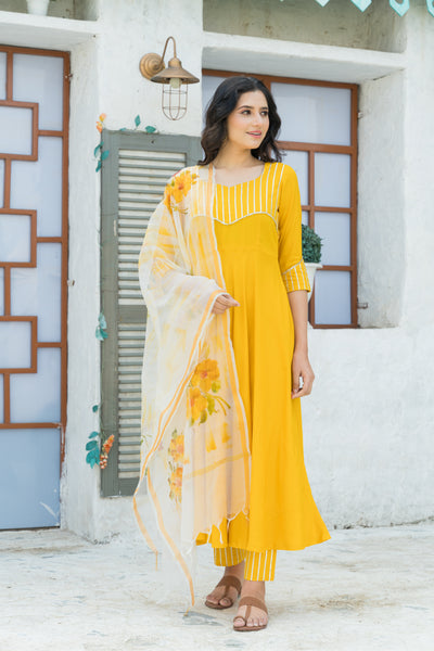 Yellow Gota Kurta set with Hand Paint Doria Dupatta