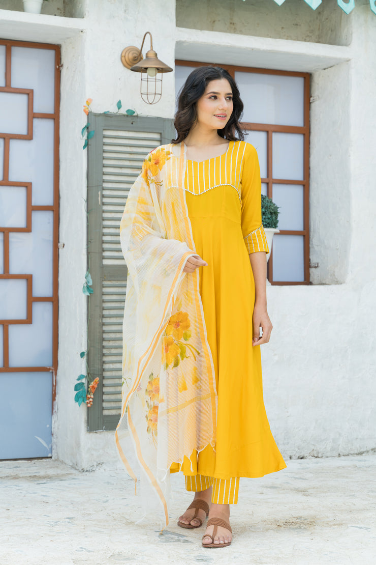 Yellow Gota Kurta set with Hand Paint Doria Dupatta