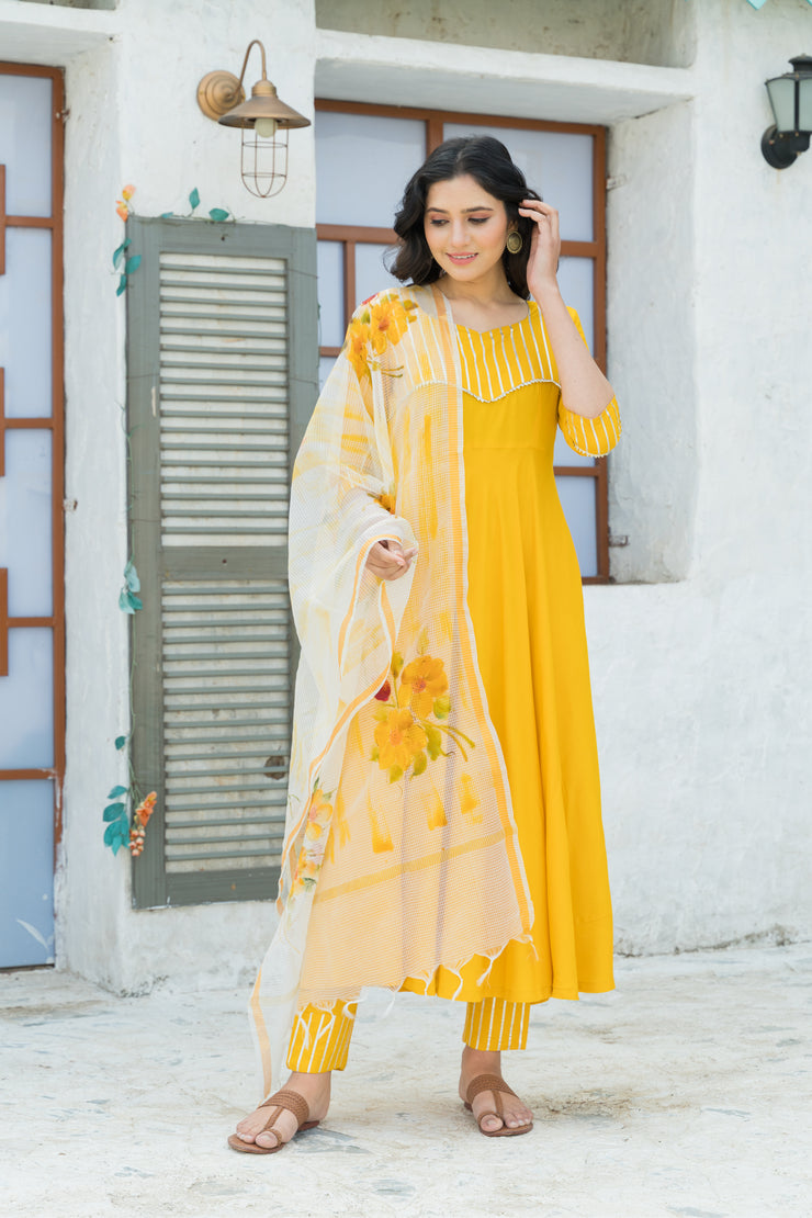 Yellow Gota Kurta set with Hand Paint Doria Dupatta
