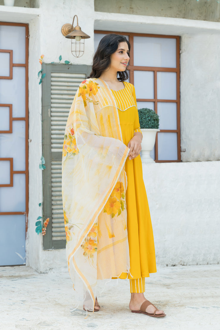 Yellow Gota Kurta set with Hand Paint Doria Dupatta