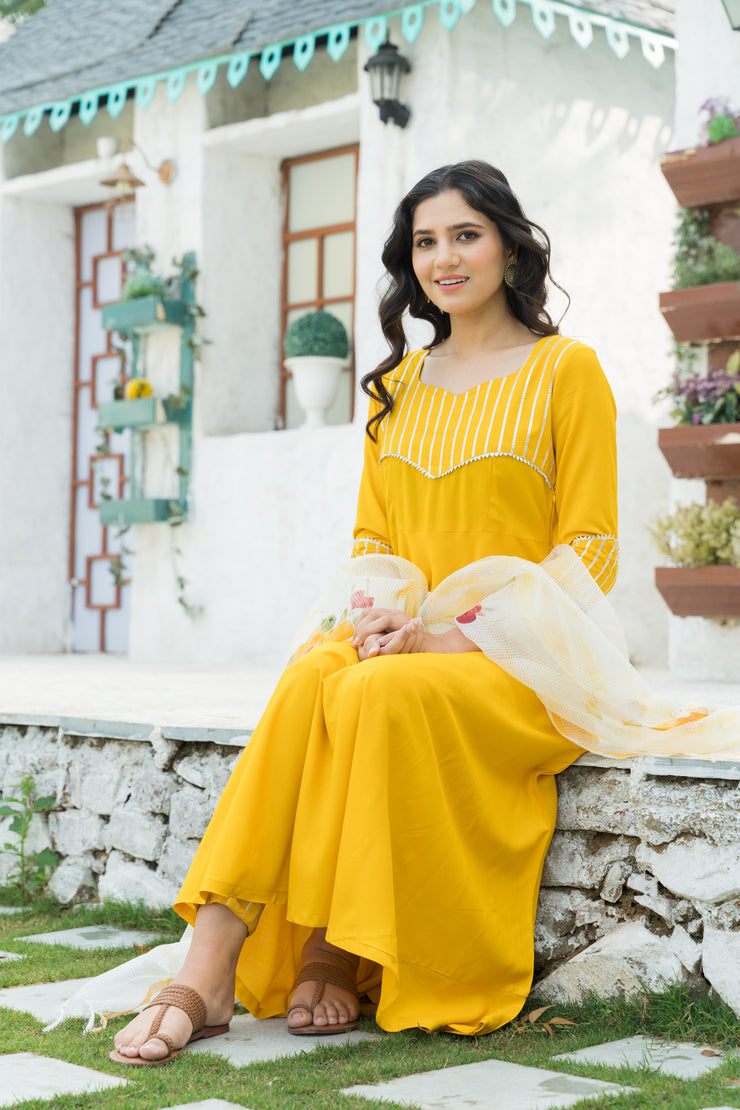 Yellow Gota Kurta set with Hand Paint Doria Dupatta