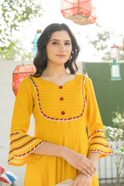 Dandelion Yellow Kurta Set with Floral Hand Paint Organza Dupatta