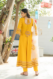 Dandelion Yellow Kurta Set with Floral Hand Paint Organza Dupatta