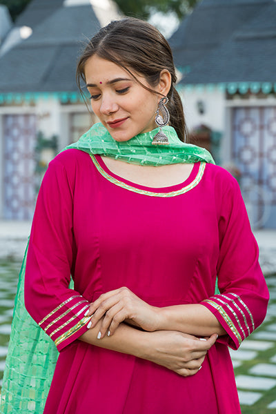 Pink Kurta with Lime Green Dupatta Set