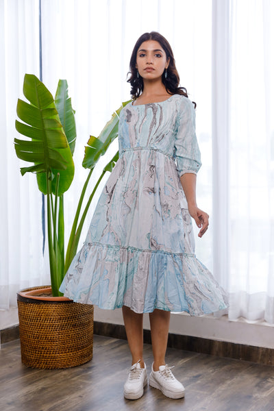Marble printed sky blue and grey dress