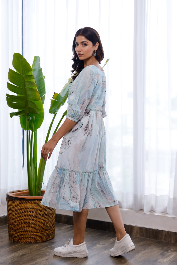 Marble printed sky blue and grey dress