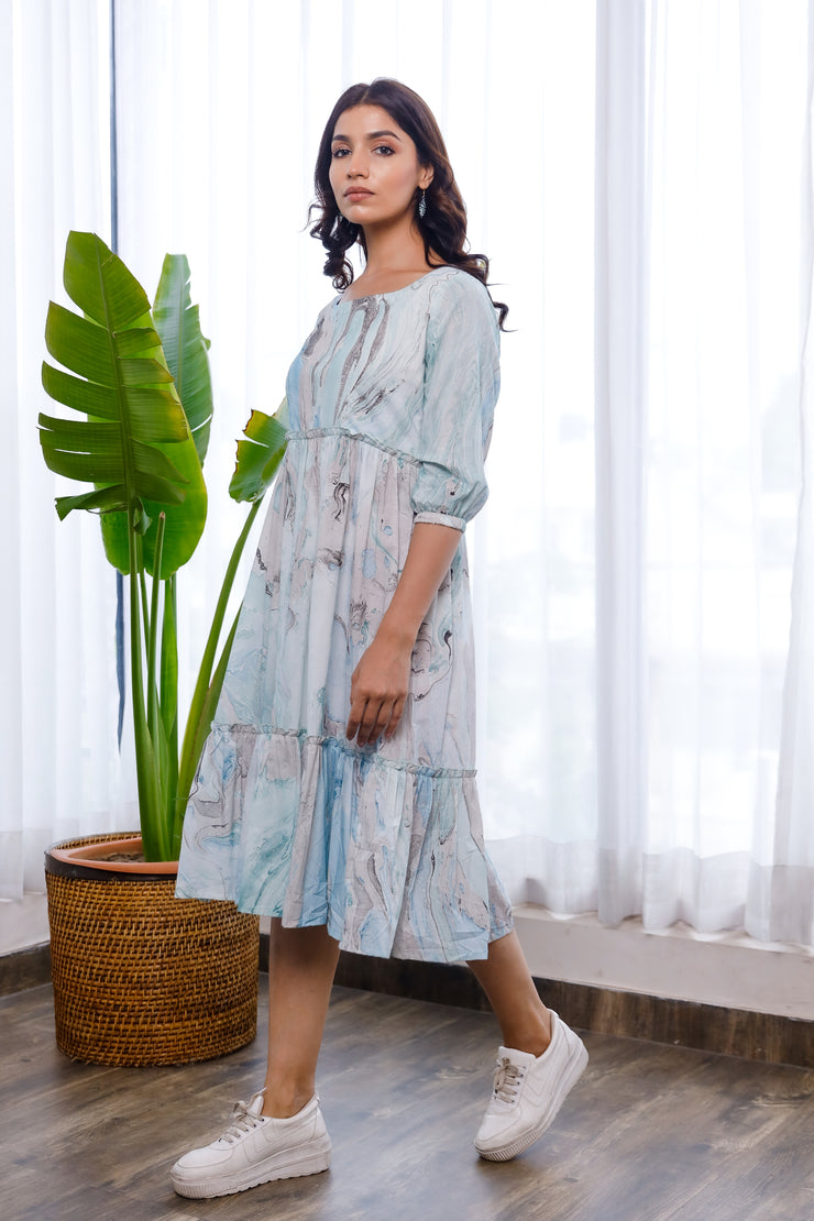Marble printed sky blue and grey dress