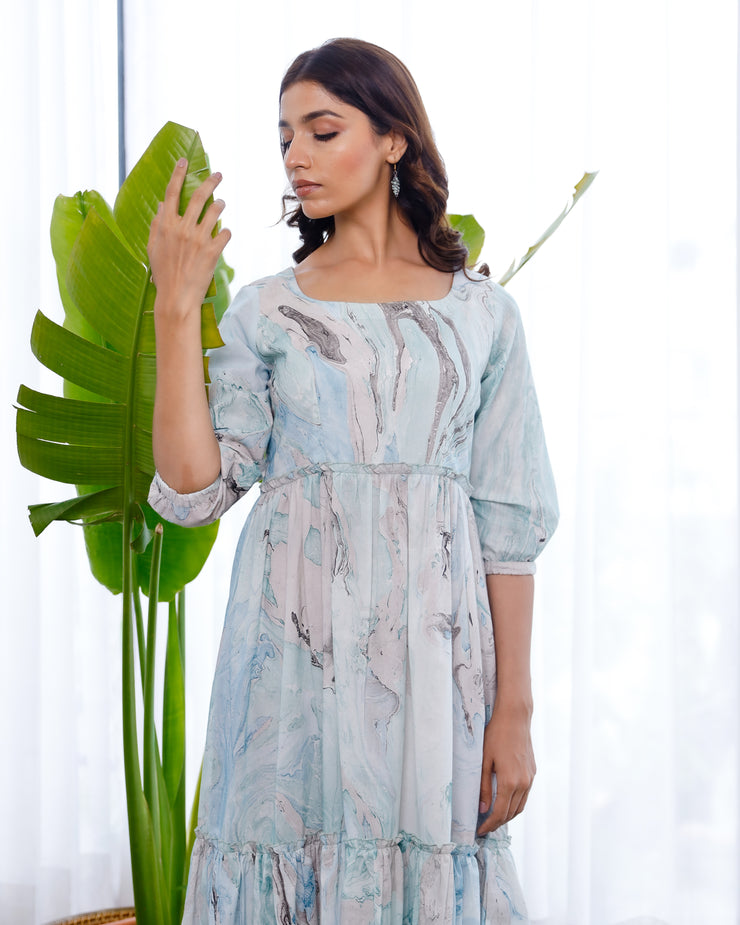 Marble printed sky blue and grey dress