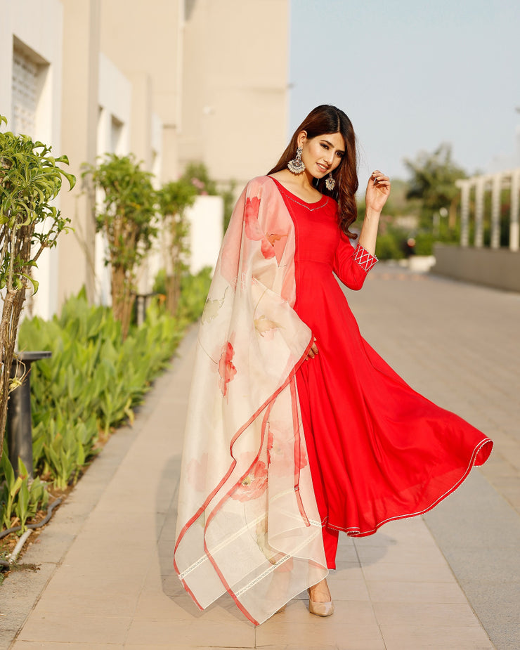 Scarlett Red Flared Kurta set with hand pant floral Organza dupatta