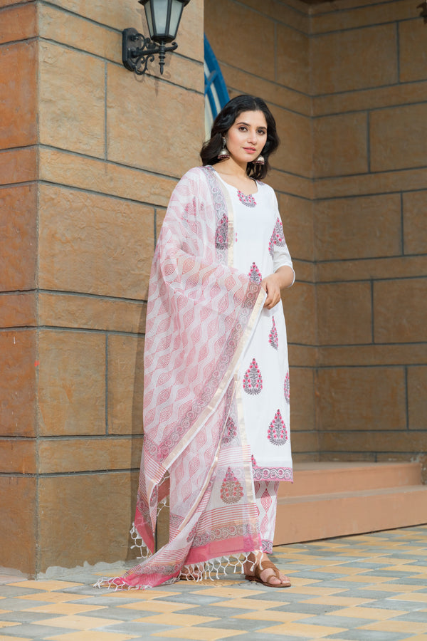 White Hand Block Printed Straight Kurta Set Paired with Pants and Doria Dupatta