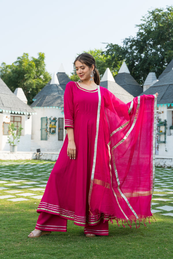 Rani Pink Solid Anarkali Suit Palazzo Set Paired with Kota Doria Dupatta