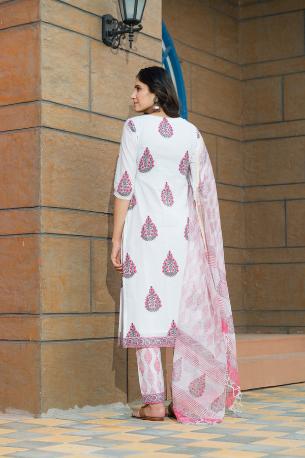 White Hand Block Printed Straight Kurta Set Paired with Pants and Doria Dupatta