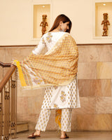 White Block Printed Straight Kurta Set