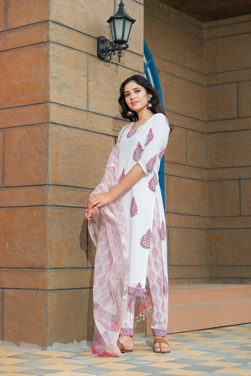 White Hand Block Printed Straight Kurta Set Paired with Pants and Doria Dupatta