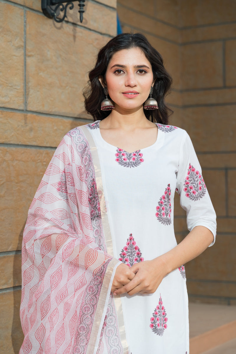 White Hand Block Printed Straight Kurta Set Paired with Pants and Doria Dupatta