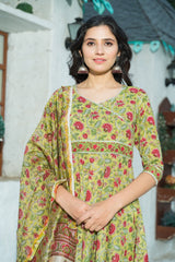 Green Color Floral Printed Anarkali Womens Kurta Pant Set with Dupatta