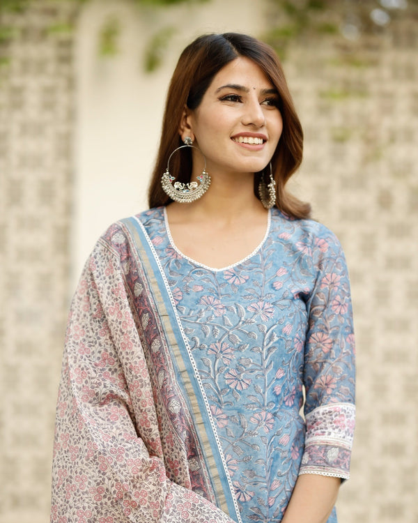 Blue Chanderi Printed Suit paired with Cotton Bottom and Chanderi Block Printed Dupatta