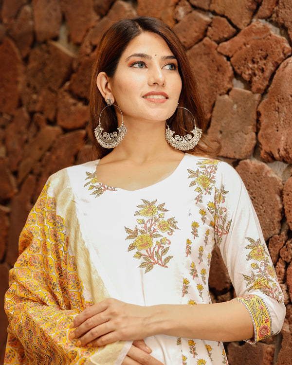 White Block Printed Straight Kurta Set