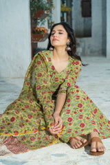 Green Color Floral Printed Anarkali Womens Kurta Pant Set with Dupatta