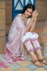White Hand Block Printed Straight Kurta Set Paired with Pants and Doria Dupatta