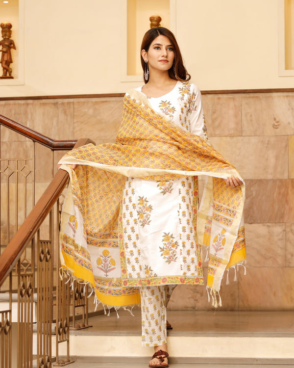 White Block Printed Straight Kurta Set
