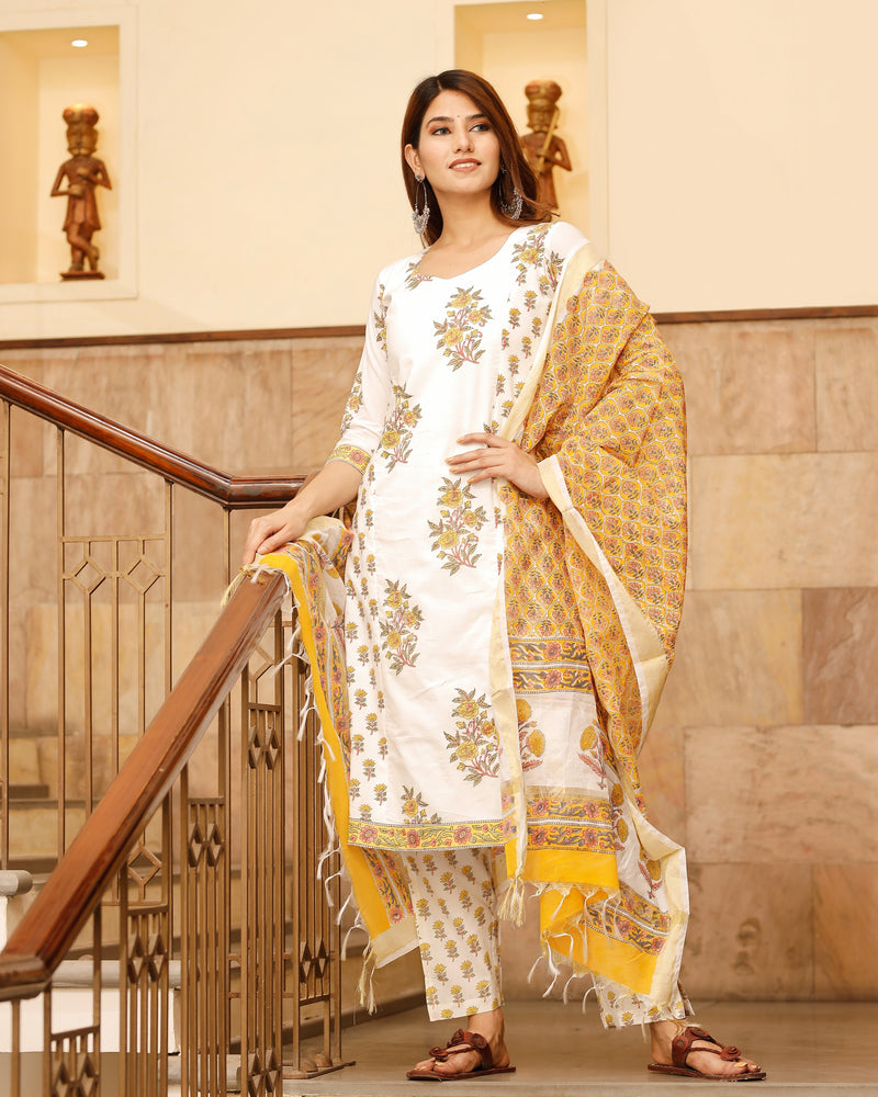 White Block Printed Straight Kurta Set