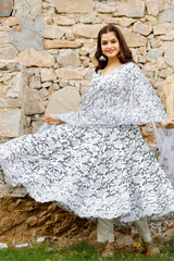 White Flared Kurta With Black Printed Motif Kurta Set With Doria Dupatta