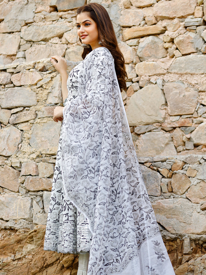 White Flared Kurta With Black Printed Motif Kurta Set With Doria Dupatta