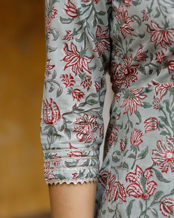 Red Motif Block Printed Flared Kurta Set Paired With Chanderi Dupatta