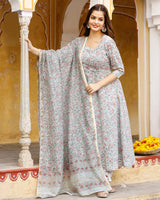 Red Motif Block Printed Flared Kurta Set Paired With Chanderi Dupatta