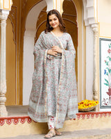 Red Motif Block Printed Flared Kurta Set Paired With Chanderi Dupatta