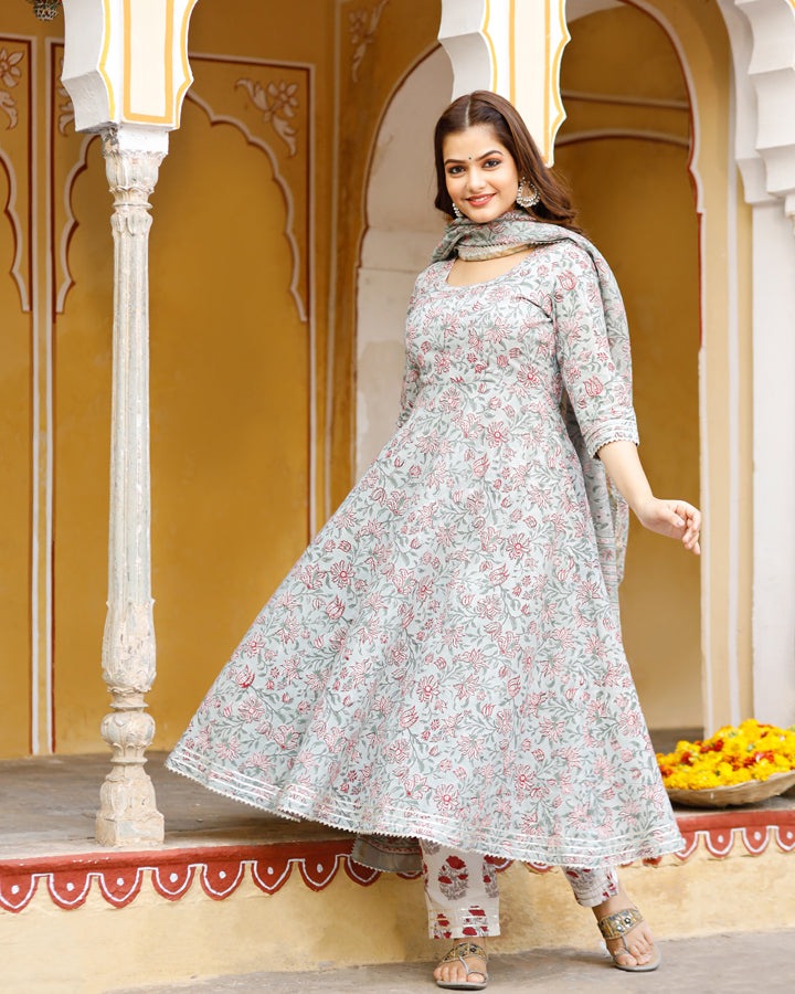 Red Motif Block Printed Flared Kurta Set Paired With Chanderi Dupatta