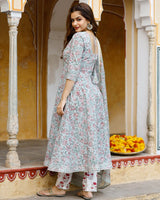 Red Motif Block Printed Flared Kurta Set Paired With Chanderi Dupatta