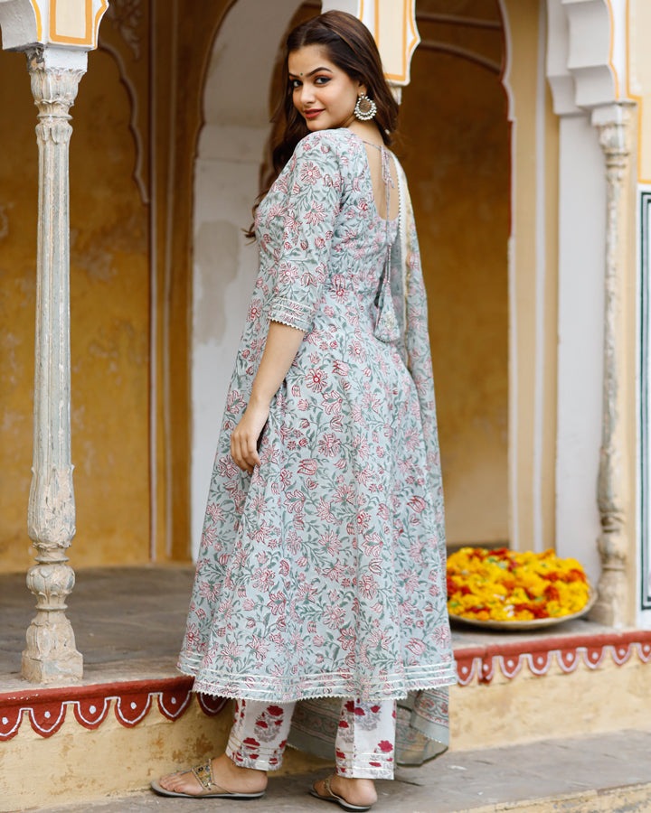 Red Motif Block Printed Flared Kurta Set Paired With Chanderi Dupatta