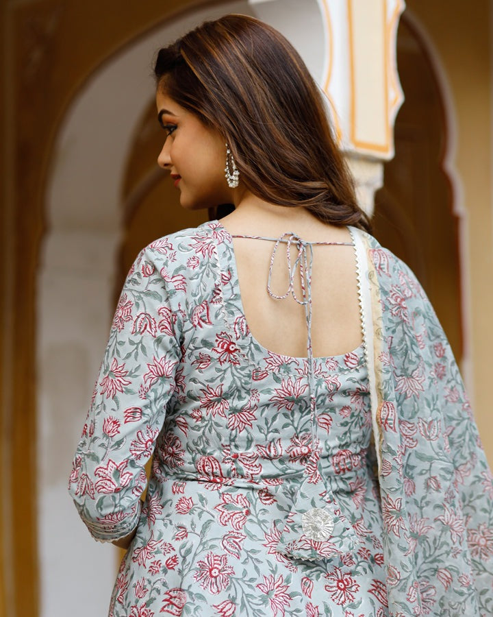 Red Motif Block Printed Flared Kurta Set Paired With Chanderi Dupatta