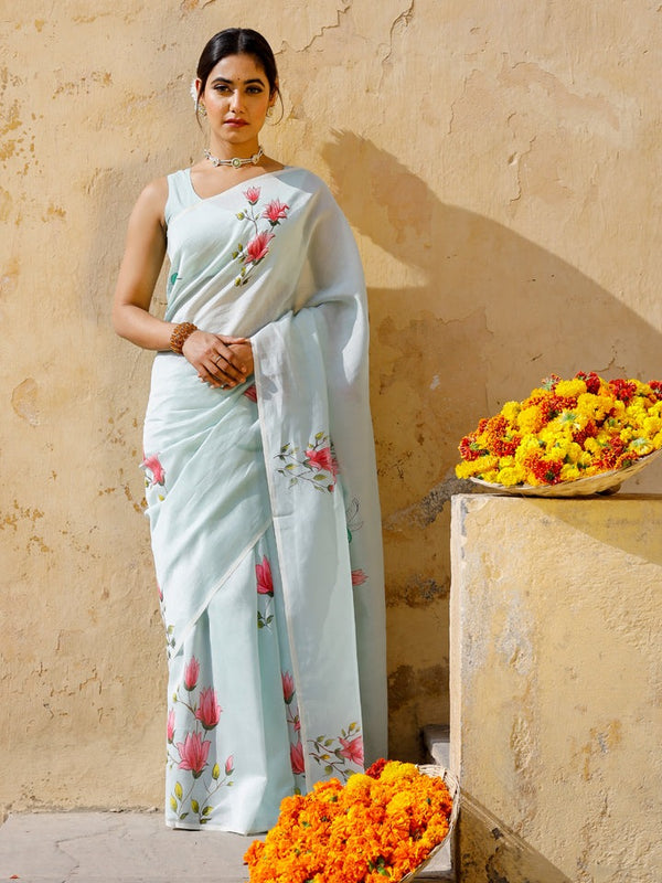 Sea Green Hand Painted Chanderi Saree
