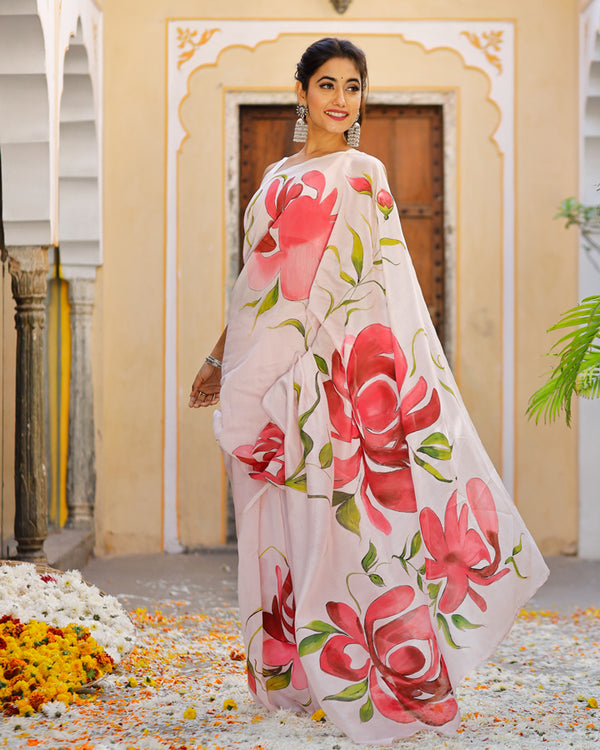 Pink Chanderi Floral Hand Painted Saree