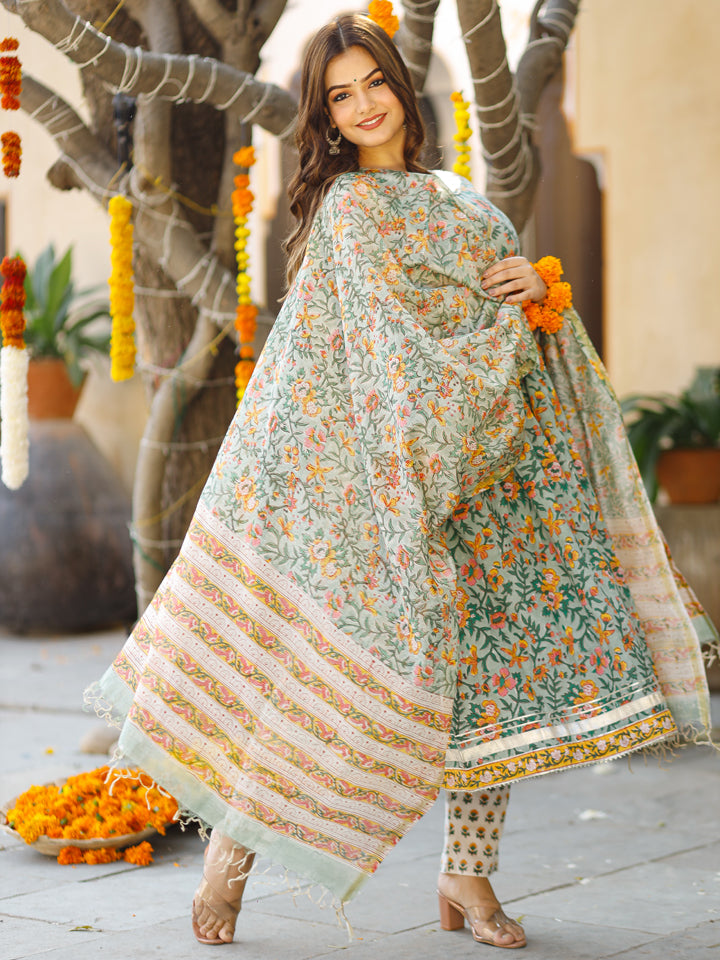 Orange Green Floral Block Printed Half Sleeve Kurta Set With Chanderi Block Printed Dupatta