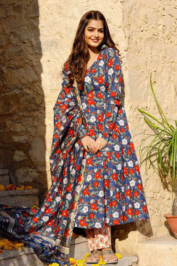 Red Motif Printed Blue Flared Kurta Set With Block Printed Kurta Set