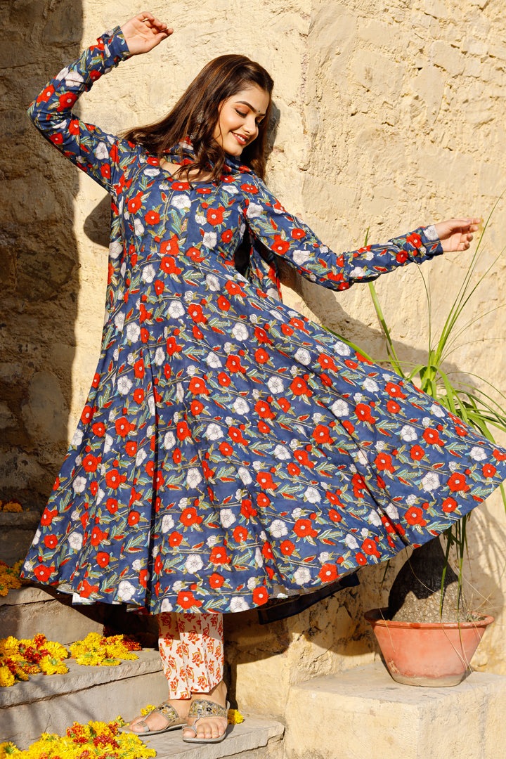 Red Motif Printed Blue Flared Kurta Set With Block Printed Kurta Set