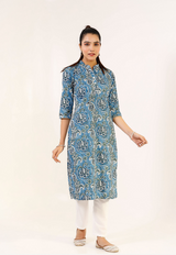 Women's Blue Hand Printed Kurta  & Solid White Pants - Pheeta