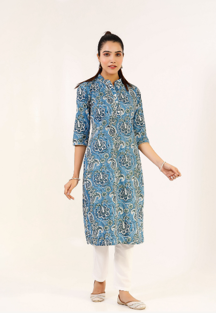 Women's Blue Hand Printed Kurta  & Solid White Pants - Pheeta