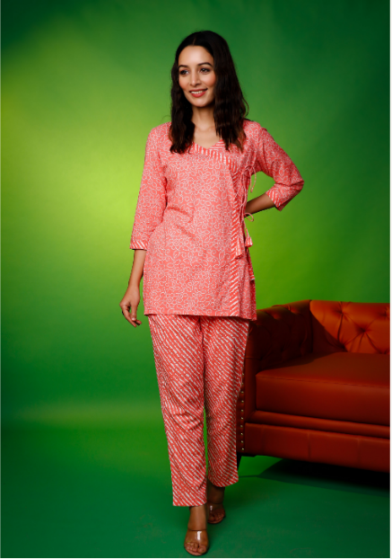 Women's Orange Hand Printed Angarakha Kurta With Pant  Loungewear Set - Pheeta