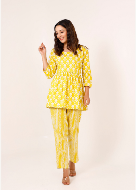 Women's Yellow Hand Printed Peplum Set - Pheeta