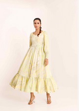 Women's Yellow Floral Print 3-Tier Gathered Dress - Pheeta
