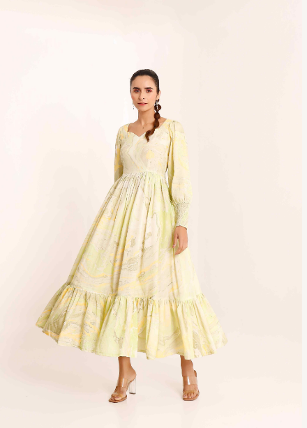 Women's Yellow Floral Print 3-Tier Gathered Dress - Pheeta