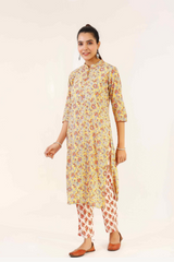 Women's Straight Fit Cotton Kurta Set With Hand Print - Pheeta