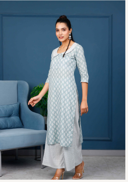 Women's Repeat Motifed Hand Printed Kurta With Pale Grey Hand Printed Pants  - Pheeta