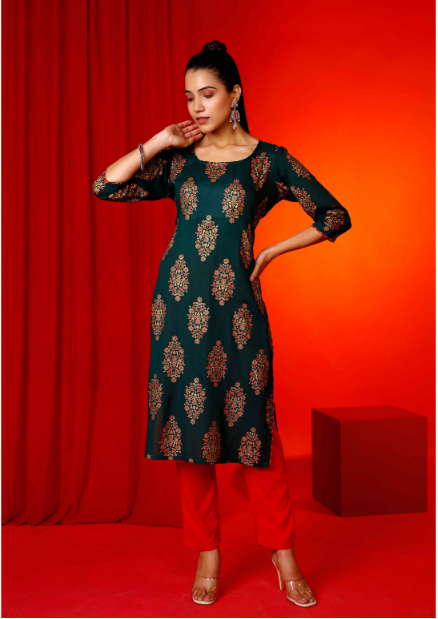 Women's Forest Green Hand Printed Kurta With Solid Red Pant  - Pheeta