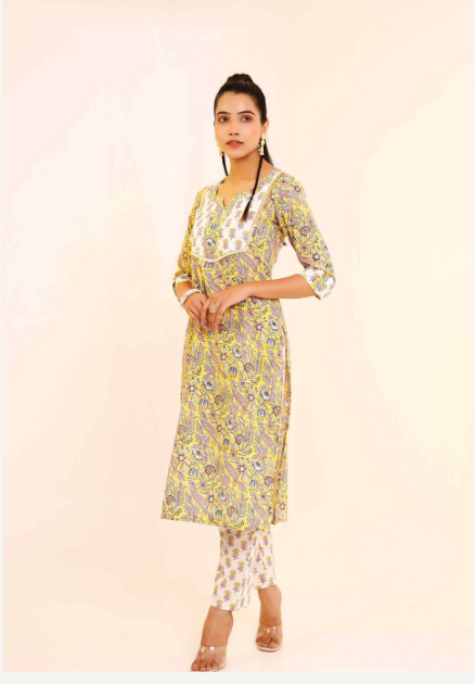 Women's Pure Cotton Hand Printed Straight Kurta With Pant - Pheeta
